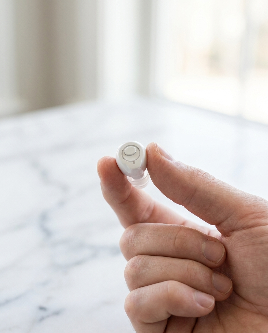 Revival Hearing The Plus. white ITE hearing device
