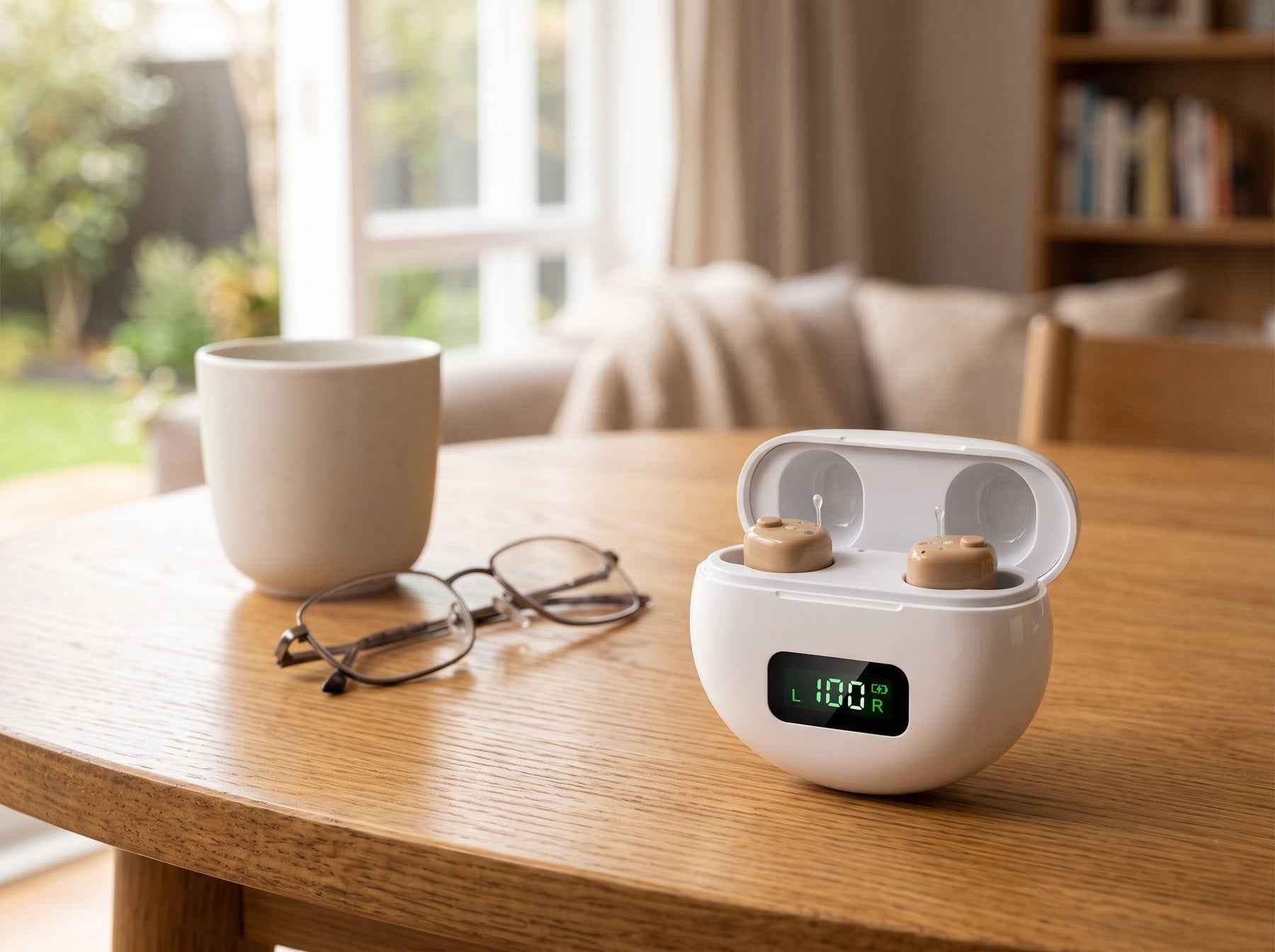Revival Hearing devices charging on a table at home