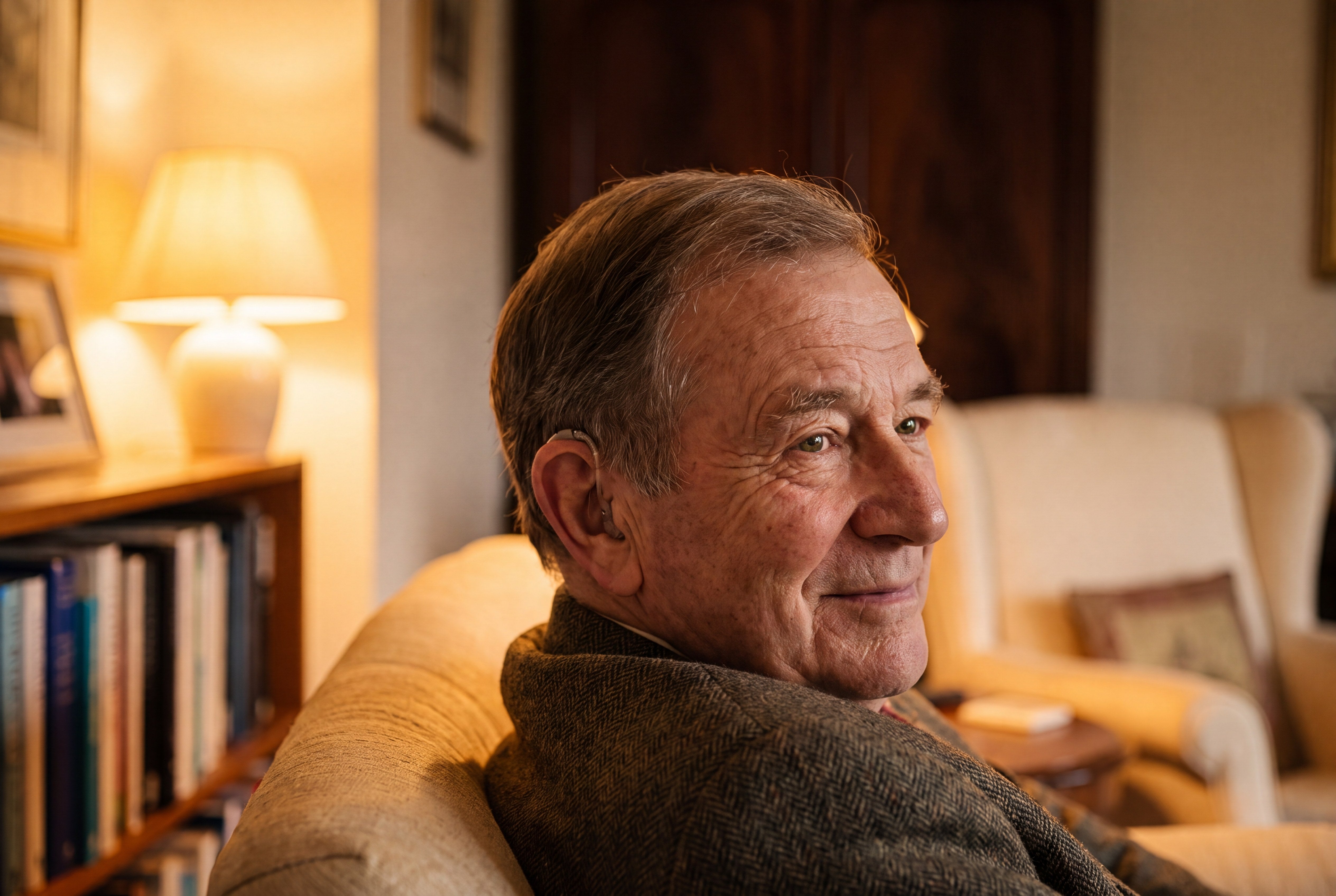 A Revival Hearing customer relaxing comfortably at home